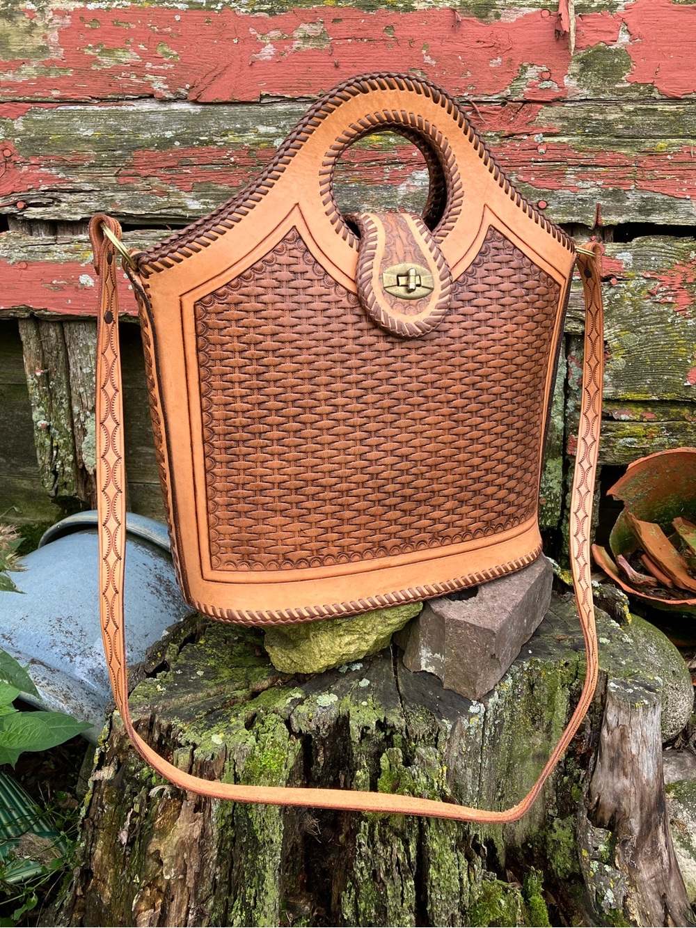 Vintage 1970s Bohemian Mexican Handcrafted Brown Woven-Look Leather Tote Bag